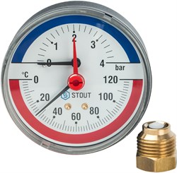 Термоманометр аксиальный Stout 1/2", 10 бар, 80 мм, 120°C - фото 77656