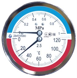 Термоманометр аксиальный Стеклоприбор ДМТ (05080) 1/2", 0.6 МПа, 80 мм, 120°C, кл. 2.5 - фото 77683